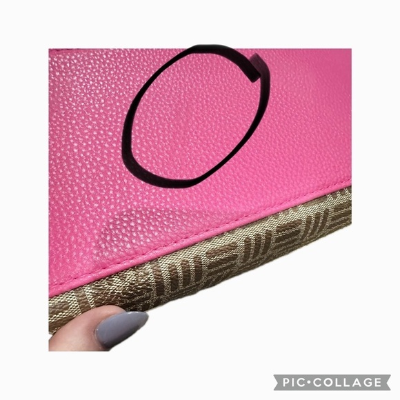 👛🍁 ANNE KLEIN Alex Varsity Tote Bag | Preppy Fall Convertible Tan + Pink, 12”x6” - Picture 6 of 8